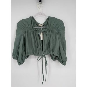 Lotus & Luna Sage Green Tie Front Cropped Blouse Puff Sleeve Sz S/M Hand Made
